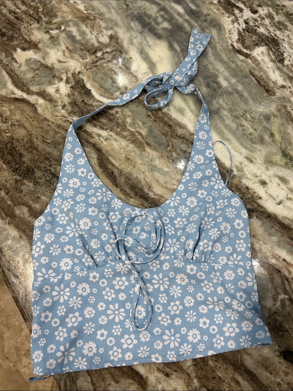 Hollister Light Blue Floral Halter Tie-Front Crop Top